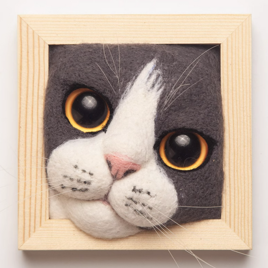Cat In Square Frame:Blue and White Cat Avatar Needle Felted DIY Kits