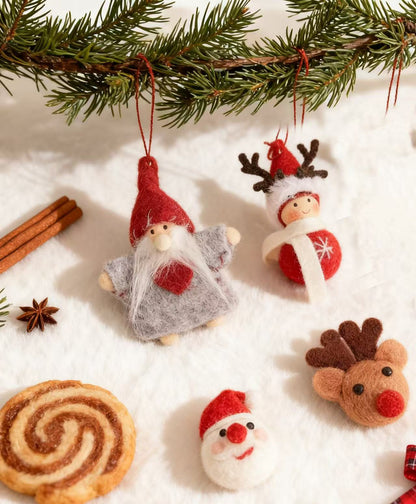 Hand-Felted Christmas Ornament Set — Santa, Reindeer & Gnome | 100% Wool, Handmade in Nepal