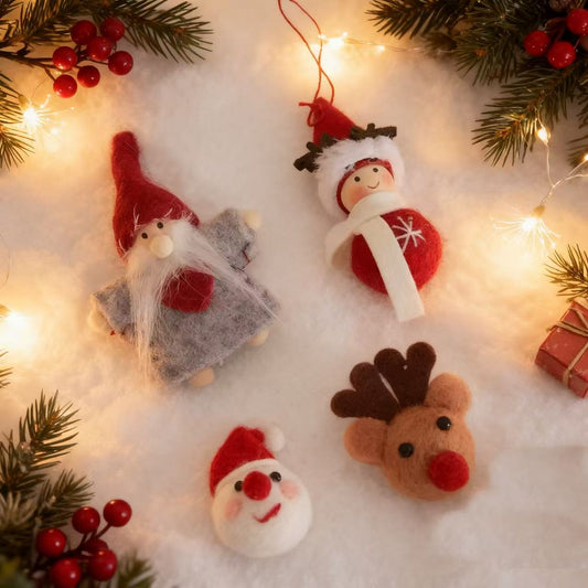 Hand-Felted Christmas Ornament Set — Santa, Reindeer & Gnome | 100% Wool, Handmade in Nepal