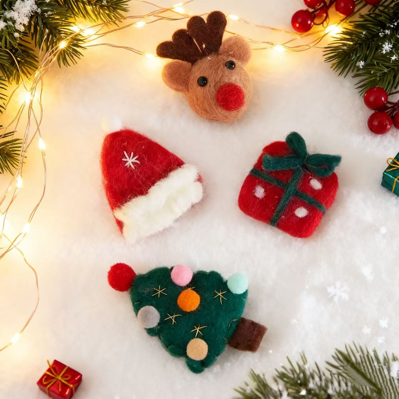 Handmade Holiday Ornament Gift Set — Wool Felt Santa, Reindeer, Tree & Present