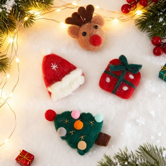 Handmade Holiday Ornament Gift Set — Wool Felt Santa, Reindeer, Tree & Present