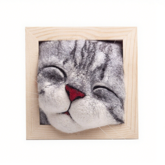 Cat In Square Frame:Close eye Cat Avatar Needle Felted DIY Kits