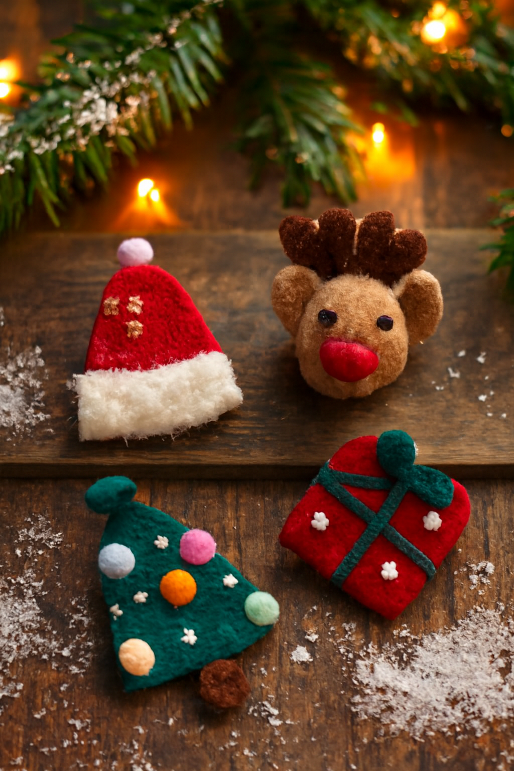 Handmade Holiday Ornament Gift Set — Wool Felt Santa, Reindeer, Tree & Present