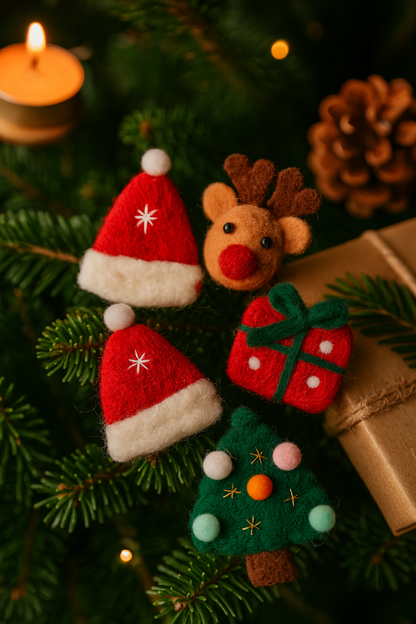 Handmade Holiday Ornament Gift Set — Wool Felt Santa, Reindeer, Tree & Present